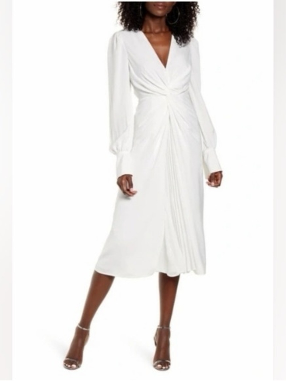 Endless Rose White V Nevk Plunge Long White Dress Cuffs Midi NWT Nordstrom Small
